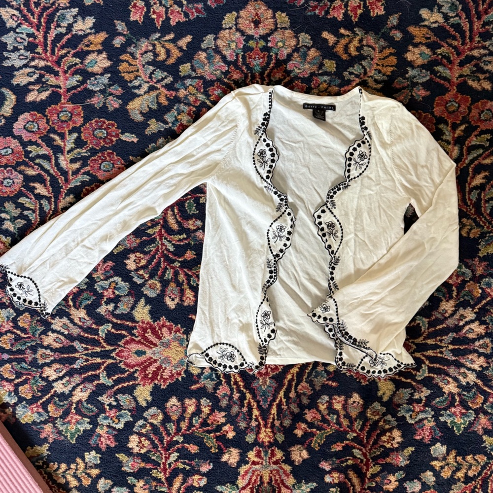 Bettie Page White Top with Black Floral Embroidery